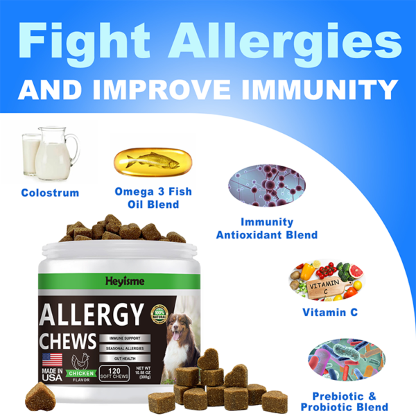 Dog Allergy Relief Chews, Itch Relief and Probiotics for Dogs, Fish Oil Omega 3, Seasonal Allergies, Itchy Skin Relief, Anti Itch Treats, Immune Health Supplement (Chicken, 120 Chews)